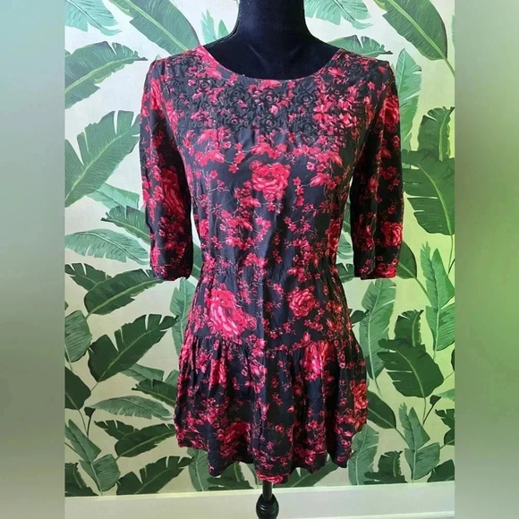 Free People Black Red Floral Tiered Mini Dress Size S - Picture 1 of 7